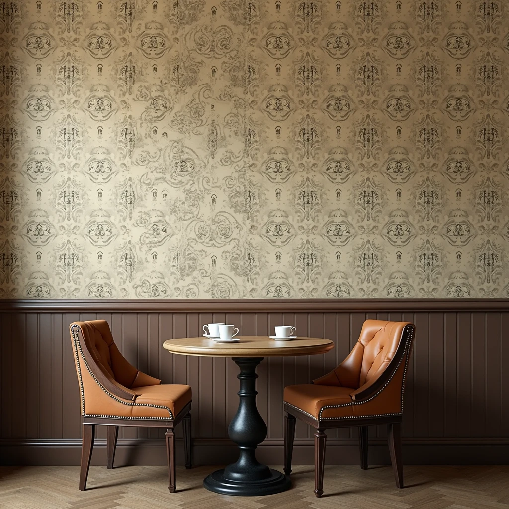 Wall with vintage style wallpaper on coffee shop table