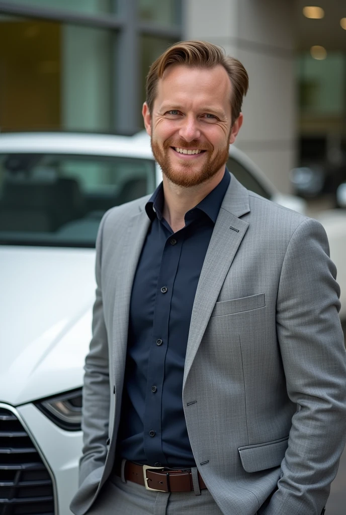 A smilling male person is staying in front of Audi A4 2011 white colour car as a owner of the car. The person have glorious smile. The image should be captured in the way that the car is appeared widely with balancing with sorrounding.