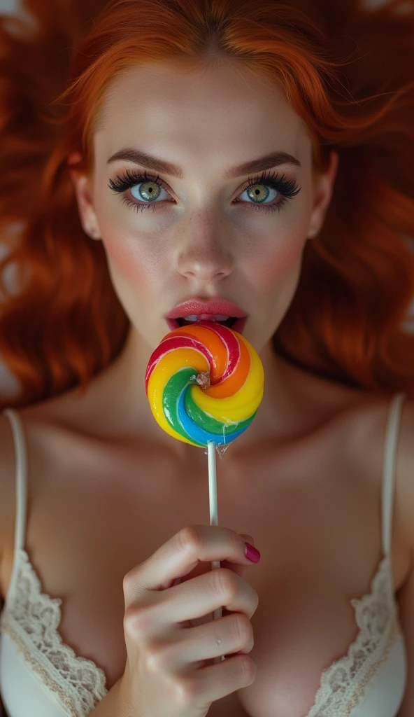 (full body shot:1) photorealistic image of a (laying pose:1) woman, ultrarealistic, photography, long red hair, woman, 2, hourglass figure, perfect body, Flirty look, natural , blur background, her wet tongue licking a thick and long rainbow-coloured spiral lollipop, a little bit of saliva is dripping from her tongue,  look, long eyelashes, cat-eye make-up,  feet