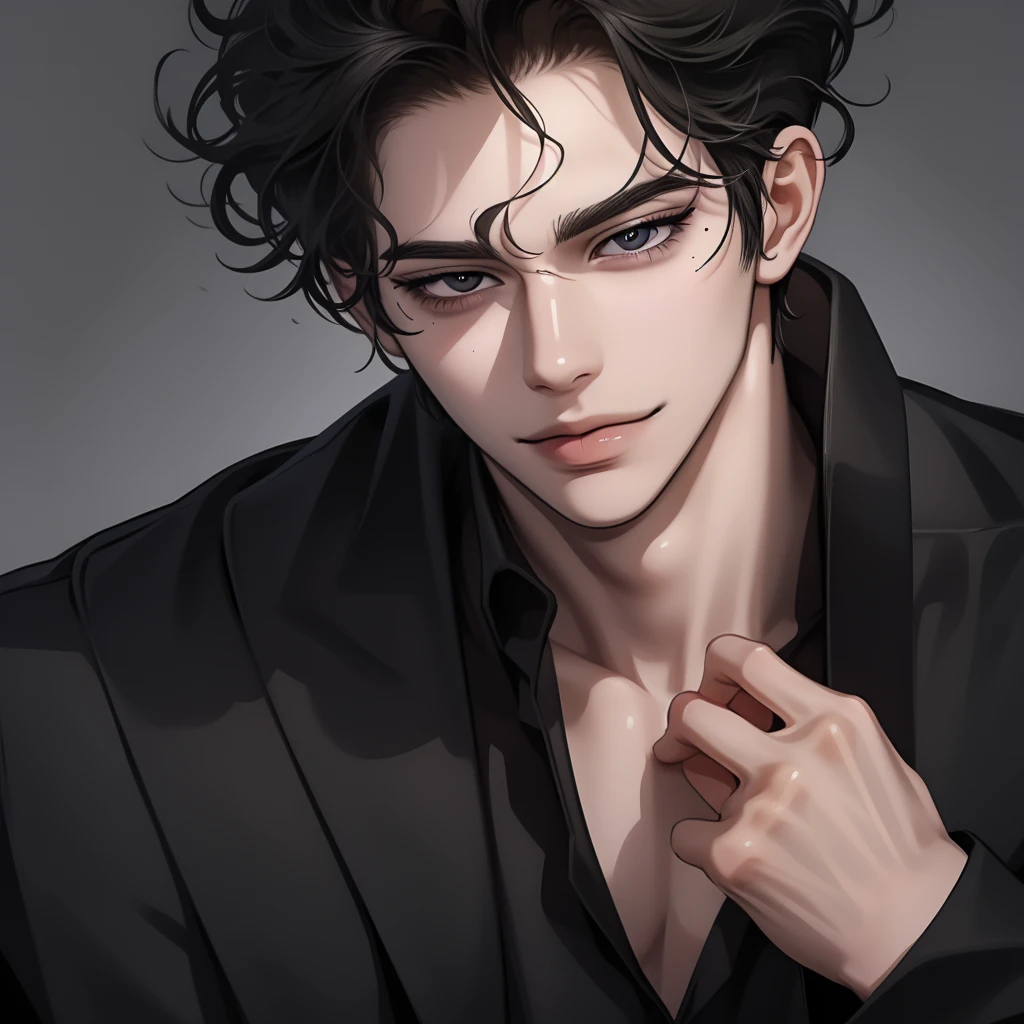 Young man, black hair, curly hair, black eyes, (smug face), fair skin, wear glasses, black shirt, mole on face, details, best quality, 4k, look mastermind