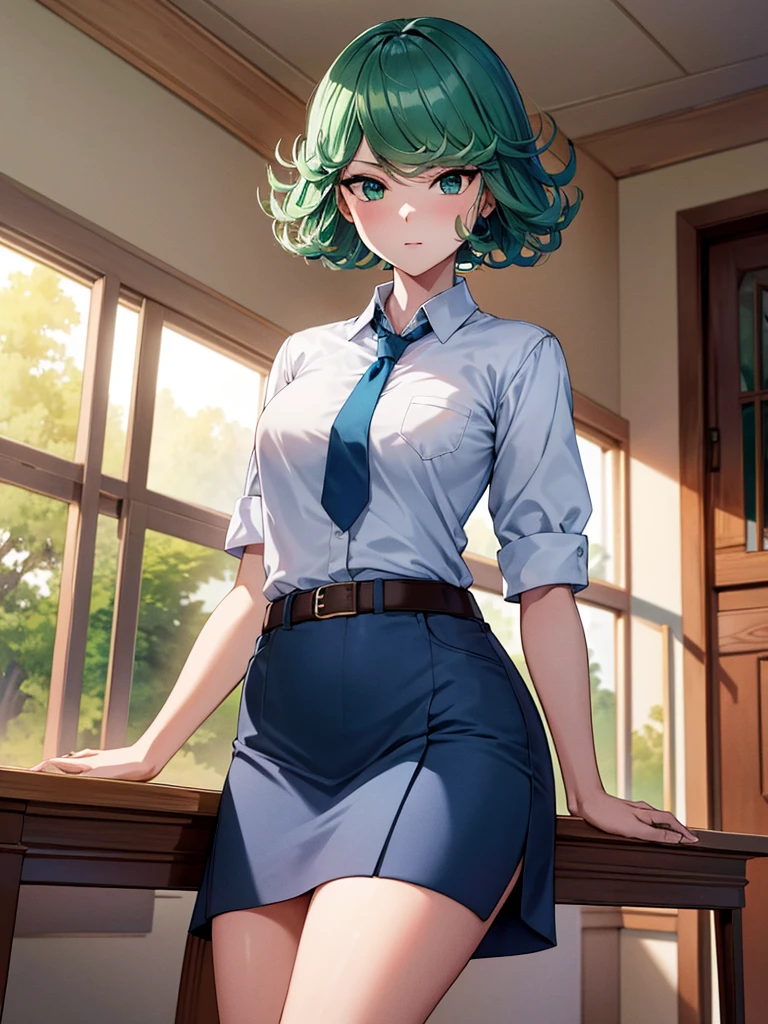 (high res, 8K, masterpiece, looking at viewer, best quality, very aesthetic, ultra detailed, ultra background, ultra Eyes) intricate details, 1girl, Tatsumaki, short sleeved white shirt, Light Blue Gray short skirt, Pockets on the left chest, Blue Gray tie, Wearing a belt, Holding a book, green short hair, green eyes, Normal Face, Background Library, School, Cinematic Angle