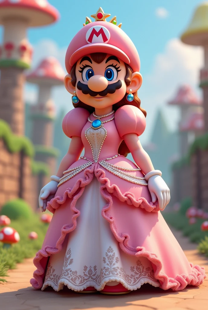 Créer moi une images de super mario qui porte une robe de princesse peach mait enlevé lui sa moustache