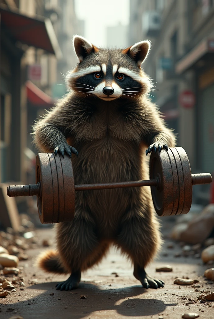 raccoon carrying weights