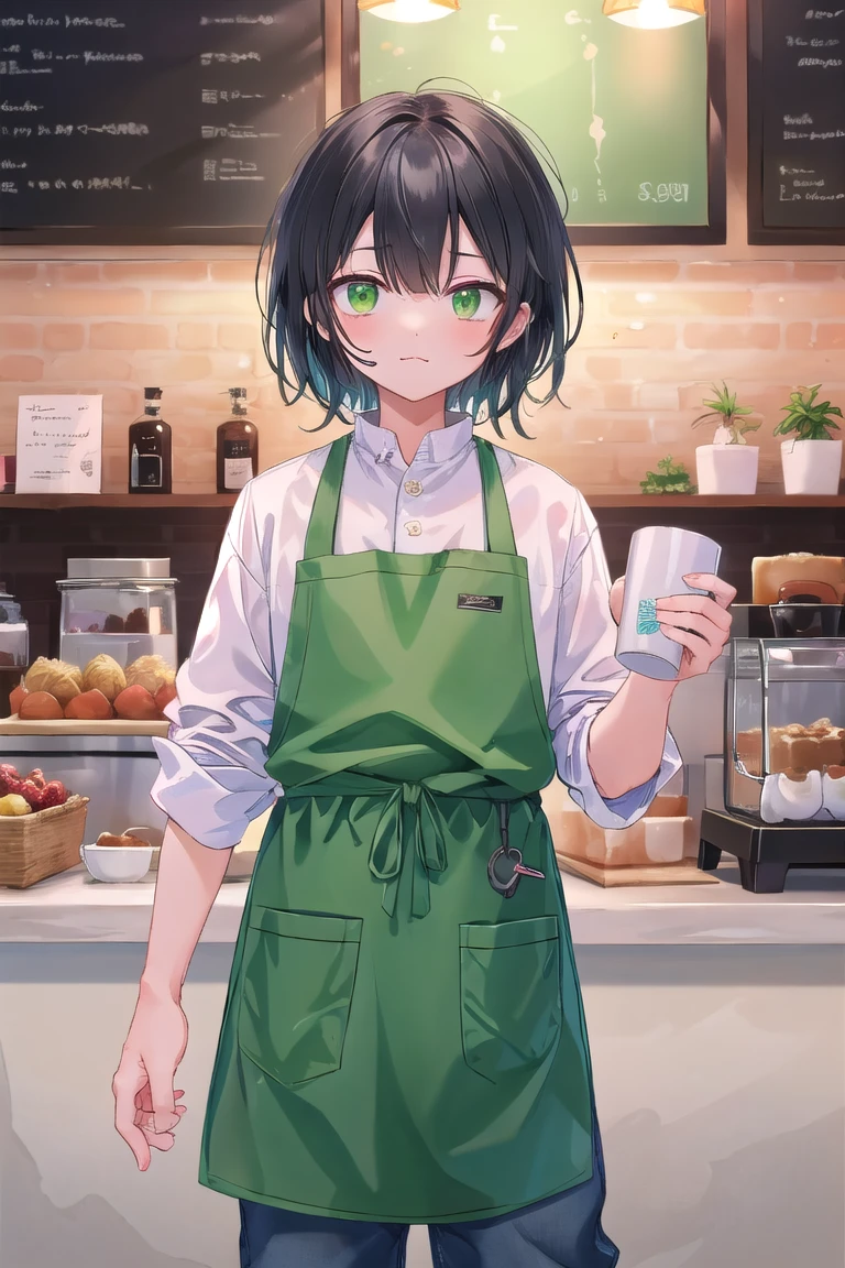 masterpiece, Highest quality, Very detailed, , One Man, , Green Eyes, :3, tooth, White shirt、pants、boots、Black Hair、30-year-old male、, (Green apron:1.1), (Holding a cup:1.1), marker, Memes, Cafe, (View your viewers:1.2), Cowboy Shot, (8k:1.1), 