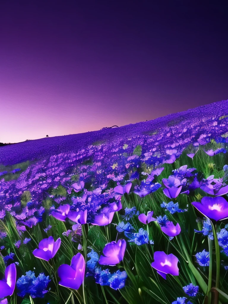 purple flowers in the dark, dark purple blue tones, blue and purple, vibrant but dreary blue, purple and blue, dark flowers, blue and violet, night sky full of flowers, blue flowers, moody beautiful colors, blue flowers bloomed all over, blue and purple plants, blue and purple tones, magical flowers, dark blue tones, some purple and blue