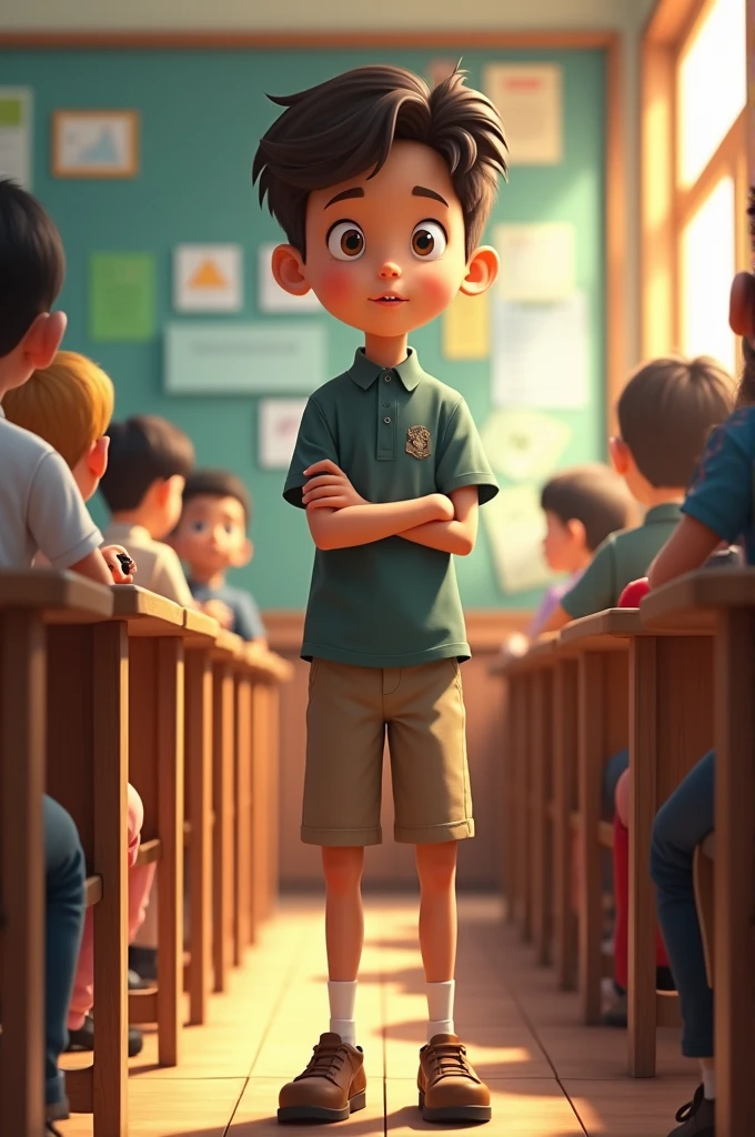 A 10years old boy standing in class in front banch of class