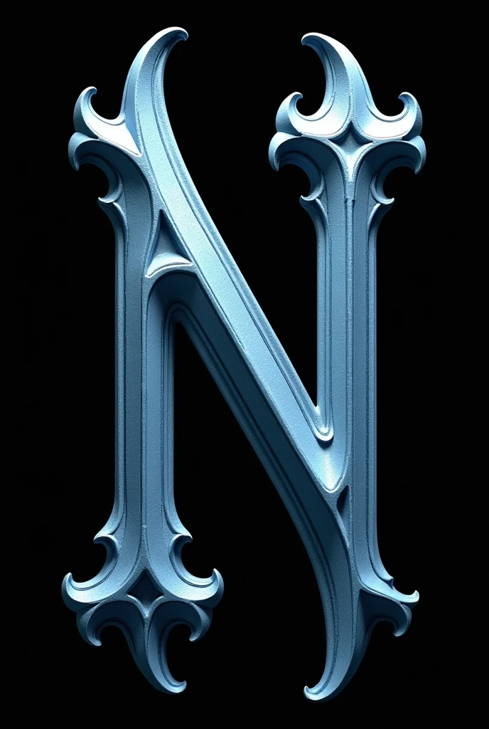 Giant Gothic Letter N, 3D, sky blue, with completely black background, without anything below.