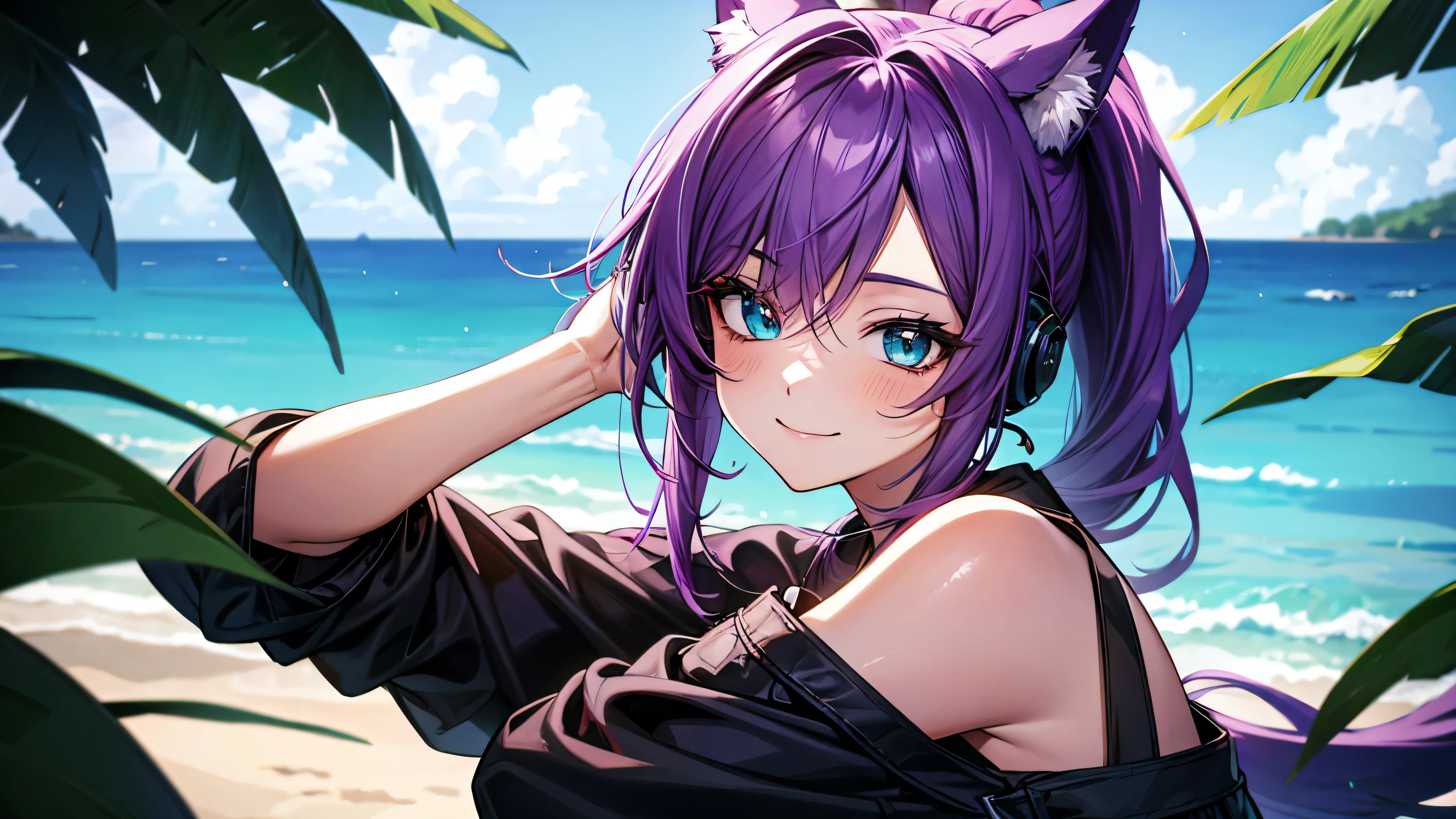 purple hair, hair over shoulder, short ponytail, behind-the-head headphones, aqua eyes, dog ears, light smile, アニメ, アニメ style, uhd, masterpiece, best quality, highres, 1080P, 4K, super detail, textured skin,1 person, alone,Open your eyes,relax,Tropical atmosphere,Ocean