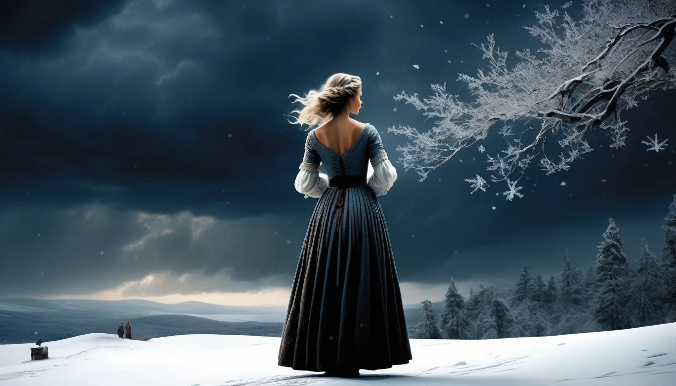 Create a dramatic snowy landscape under a dark, stormy sky. The scene should feature a swirling snowstorm, with large snowflakes creating a mystical atmosphere. In the foreground, depict a young woman with a blend of sweetness and menace in her expression. She is dressed in a traditional, slightly tattered gypsy dress that flutters in the wind. To the side, include an older man in worn clothing, looking reflective and melancholic, as if lost in thought about the past. The snowflakes should have a slight glimmer to add a magical touch. Integrate faint, ghostly images of a violin or musical notes in the snowstorm to hint at the 'gypsy violin' theme. Use contrast between dark, muted colors for the background and the older man, and brighter colors for the young woman to emphasize the emotional tension.