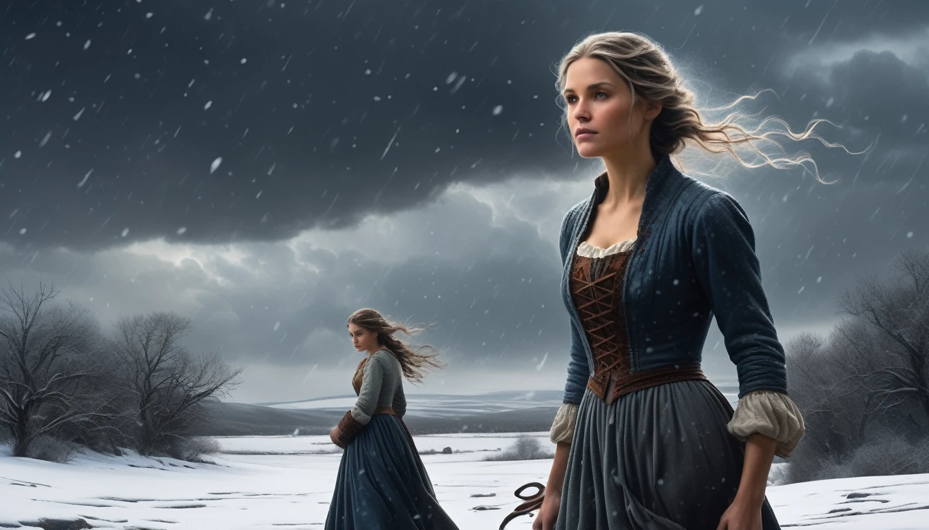 Create a dramatic snowy landscape under a dark, stormy sky. The scene should feature a swirling snowstorm, with large snowflakes creating a mystical atmosphere. In the foreground, depict a young woman with a blend of sweetness and menace in her expression. She is dressed in a traditional, slightly tattered gypsy dress that flutters in the wind. To the side, include an older man in worn clothing, looking reflective and melancholic, as if lost in thought about the past. The snowflakes should have a slight glimmer to add a magical touch. Integrate faint, ghostly images of a violin or musical notes in the snowstorm to hint at the 'gypsy violin' theme. Use contrast between dark, muted colors for the background and the older man, and brighter colors for the young woman to emphasize the emotional tension.