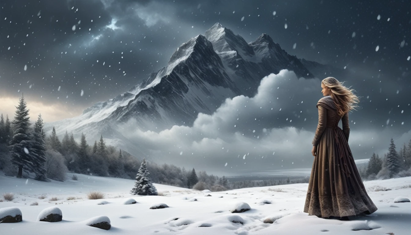 Create a dramatic snowy landscape under a dark, stormy sky. The scene should feature a swirling snowstorm, with large snowflakes creating a mystical atmosphere. In the foreground, depict a young woman with a blend of sweetness and menace in her expression. She is dressed in a traditional, slightly tattered gypsy dress that flutters in the wind. To the side, include an older man in worn clothing, looking reflective and melancholic, as if lost in thought about the past. The snowflakes should have a slight glimmer to add a magical touch. Integrate faint, ghostly images of a violin or musical notes in the snowstorm to hint at the 'gypsy violin' theme. Use contrast between dark, muted colors for the background and the older man, and brighter colors for the young woman to emphasize the emotional tension.