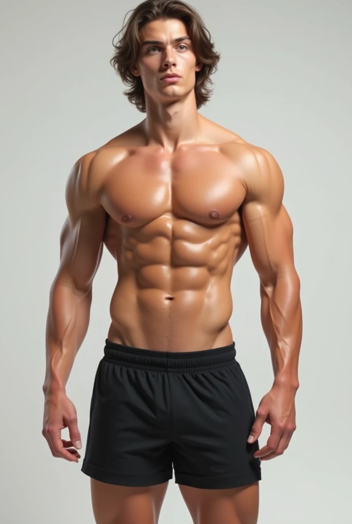 a young white man with wavy brown hair and a six pack wearing only black shorts
