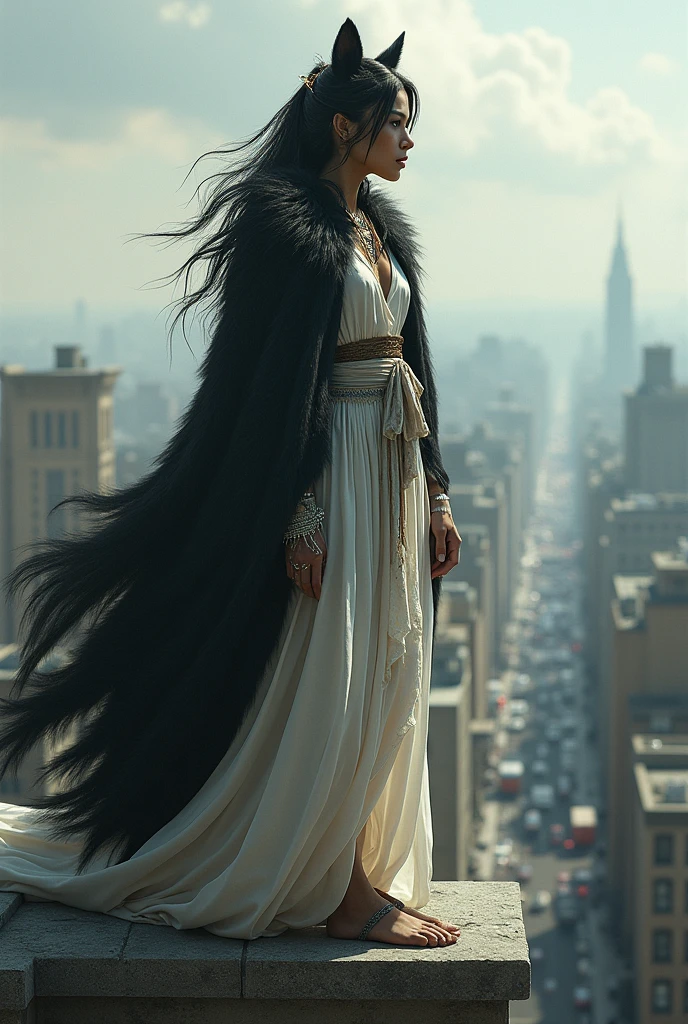 Wolf woman coat color black, wearing a white native knee-length dress,  tied hair, horse hair, rebellious layered hair, she is on top of the building, looking at the movement .