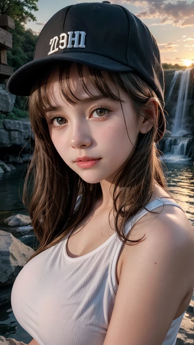 Close-up of a beautiful young woman with a youthful face., Big breasts 1.2, Wear a tank top, Red Hat, At the waterfall, sunset light, cinematic scene, UHD