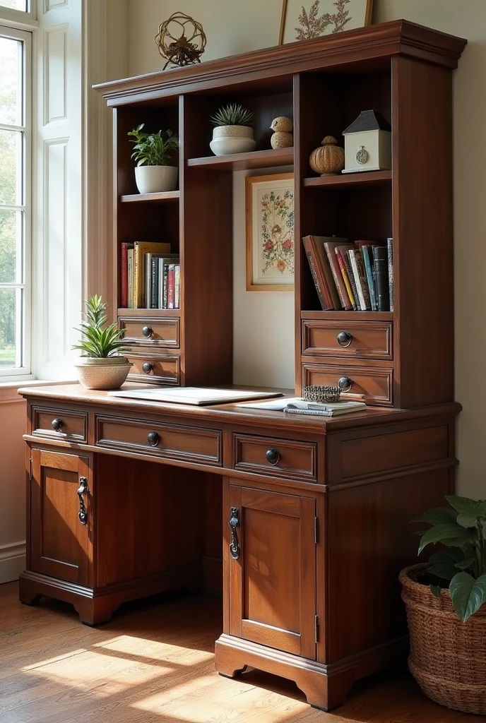 Vintage desk, color madera chocolate, L-shaped cut, with shelves on the same desk, cottage core, for artists