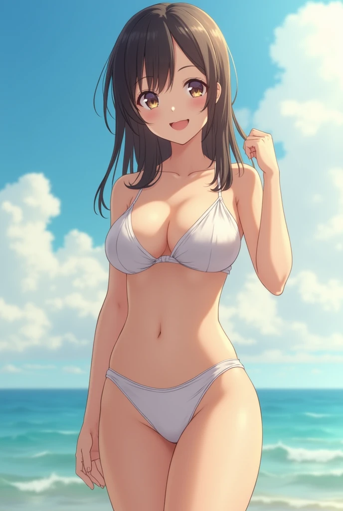 ((best quality)), ((masterpiece)), (detailed), perfect face,2 Japan Women,ager without makeup,Standing whole body,Clean to the toes,gigantic breasts:1.3,huge breasts:1.3,High bust top:1.3,Firm, round breasts:1.3,loincloth,((No Pat,No bra)),Bright smile,Soft sunshine on the beach,Depth of subject,Sharply in focus,Natural and soft light