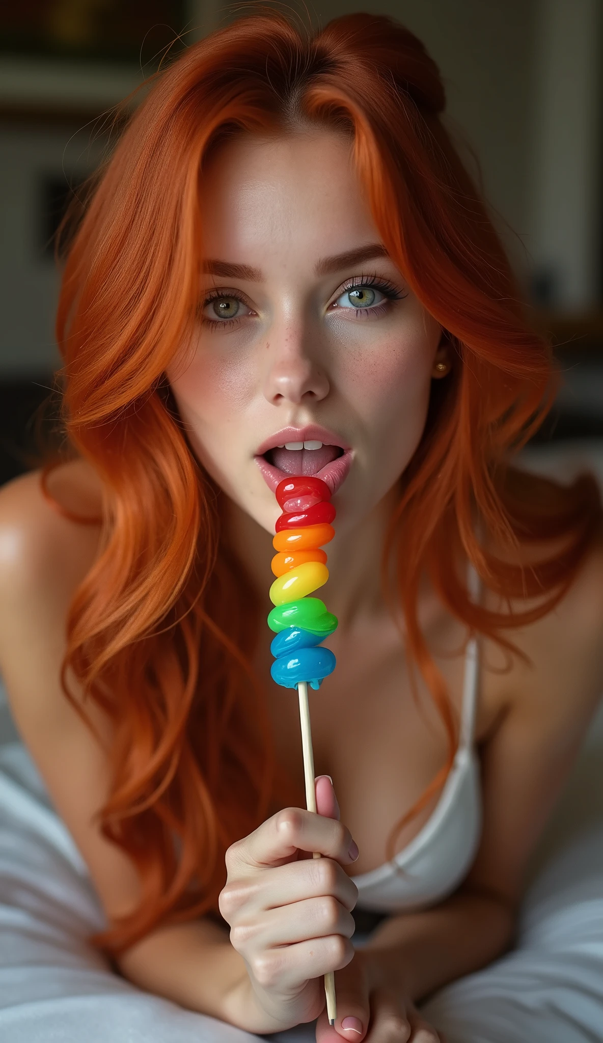 (full body shot:1) photorealistic image of a (laying pose:1) woman, ultrarealistic, photography, long red hair, woman, 2, hourglass figure, perfect body, Flirty look, natural medium breasts, blur background, her wet tongue licking a thick and long rainbow-coloured spiral lollipop, a little bit of saliva is dripping from her tongue, seductive look, long eyelashes, cat-eye make-up, bare feet