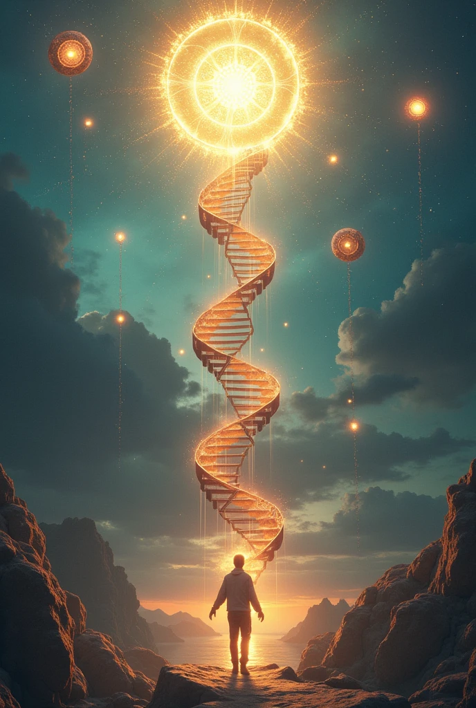 Universal ascension exploring dimensions being ascending a DNA-shaped ladder between worlds spheres of ascension path between spiritual worlds, dimensional, and new realities until reaching paradise and God