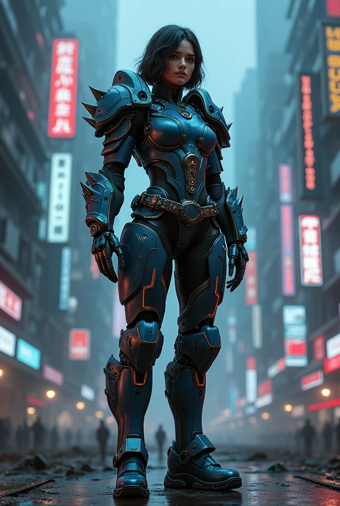 a cyberpunk armored female figure, intricate futuristic armor, glowing neon details, advanced mechanical limbs, holographic displays, dystopian cityscape background, moody dramatic lighting, cinematic composition, highly detailed, 8k, photorealistic