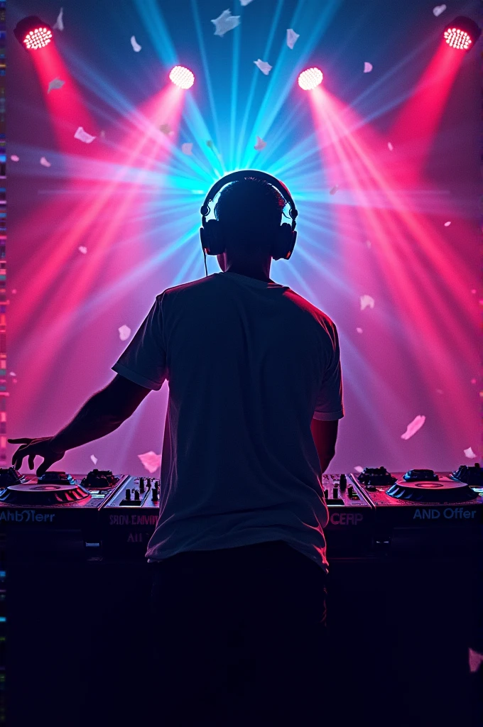 Poster with background of dj and laser lights without Pearson and spread some small blasted color papers in background