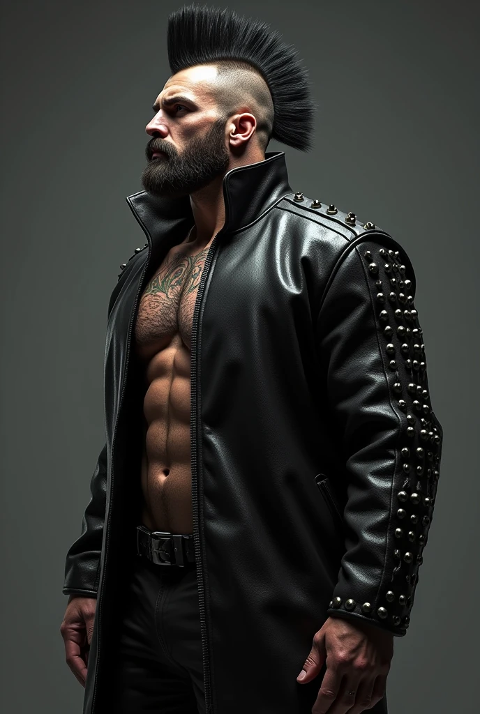 a side view of a muscular man in a long black sleeved leather coat full of metal studs and the massive, tall high collar turned up covering the sides of his face, detailed facial features, extremely detailed muscular physique, chest hair, hairy chest, masculine tattoos, large penis, big cock, masive outline of bulging dong, fierce and intimidating expression, commanding pose, black mohawk, bearded face, clear and sharp lighting, photorealistic, cinematic, hyper-realistic, high quality, 8k, ultra-detailed, physically-based rendering, studio lighting