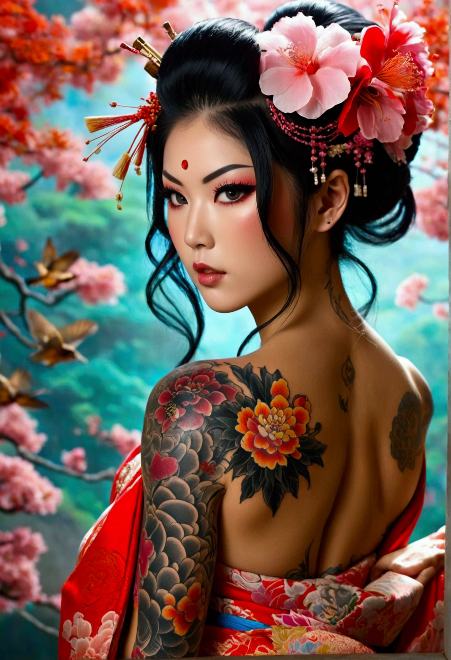 Create a hyper detailed photograph of a tattooed muscular young sexy Geisha, Stunningly perfect gorgeous japanese face, perfect makeup, detailed vibrant eyes, long hair, big beautiful muscular legs, big beautiful muscular arms, big back muscles, perfect hour glass body figure, muscular abs, detailed smooth skin, big breast, big round ass ass, lace,