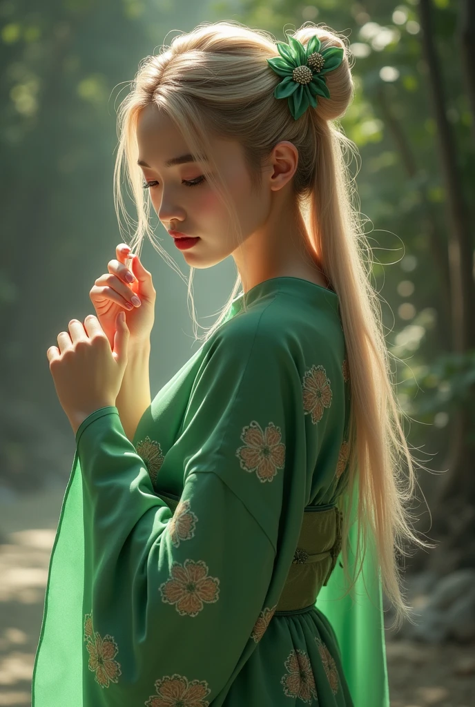 Gal whole body Green kimono Light blonde The gesture of brushing back hair Breast size E cup Turn around Asian Face Calm look Look down