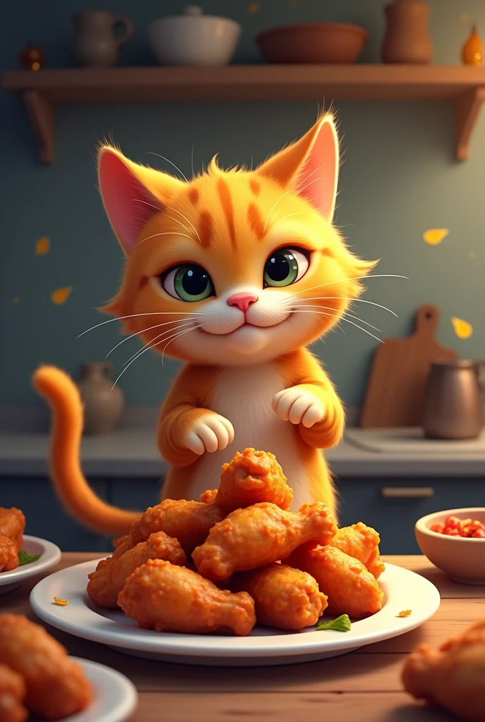 Cat preparing chicken wings