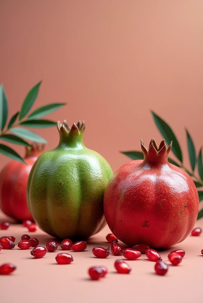Real textured fruit image of green pomegranate and another red pomegranate and pomegranate seeds scattered on the side and positioned upright and a pomegranate tree leaf in the background. Without any halved grenades. Let the image have a light wine-colored background