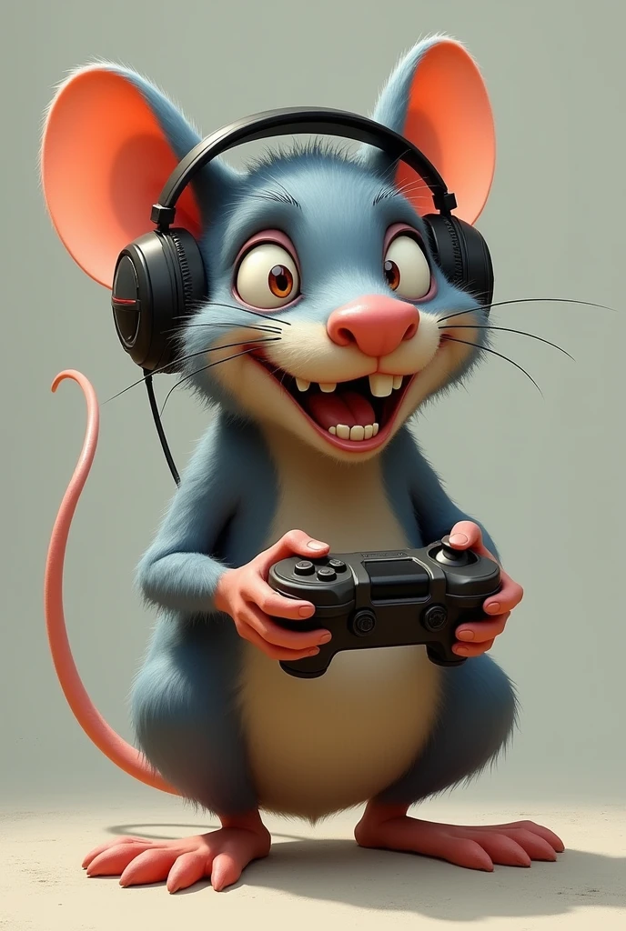 Create an image of a rat that is human with its teeth out that looks silly with gamer headphones and a controller playing Warzone and the rat is called Santiago 