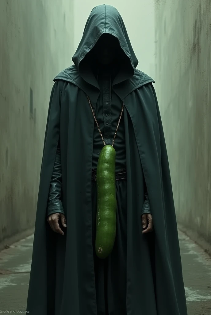 Man in blqck hood with a pickle penis mysterious 