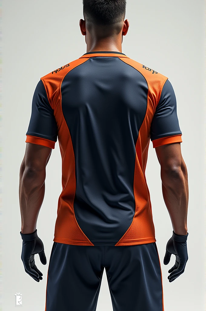 Custom soccer uniform primary color orange, with thin vertical navy blue stripes, black shorts and shield on the left side of the chest with the word bela vista written on it 