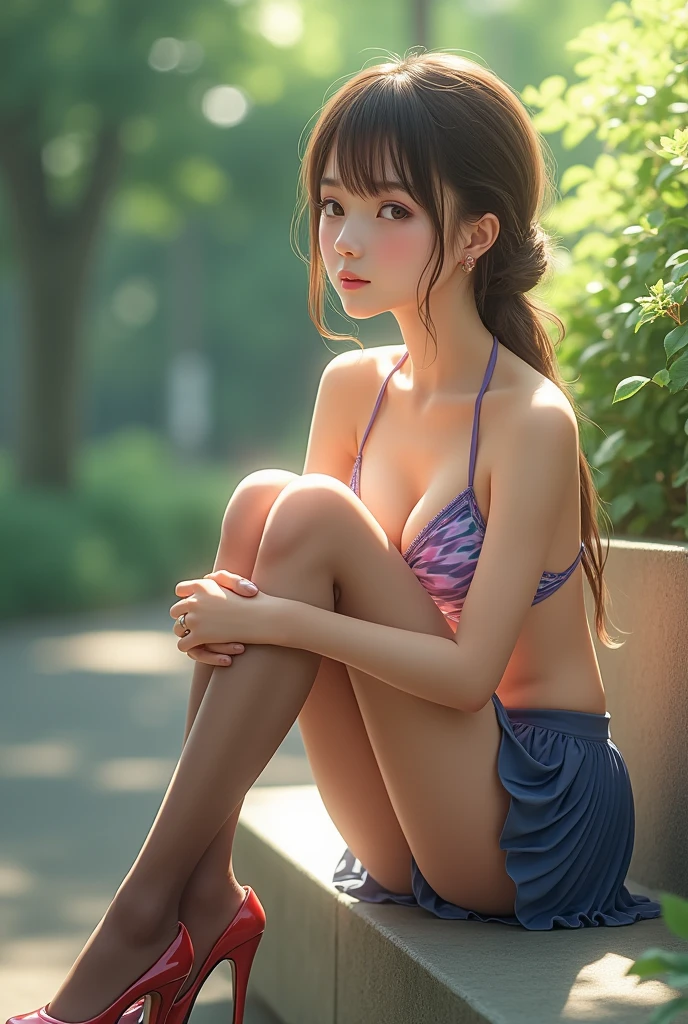 Realistic photos、Pay attention to the cute high school girl's face、bikini、Beautiful way to sit , Sit well, Taken from the opposite seat, skirt, High heels, pantyhose,