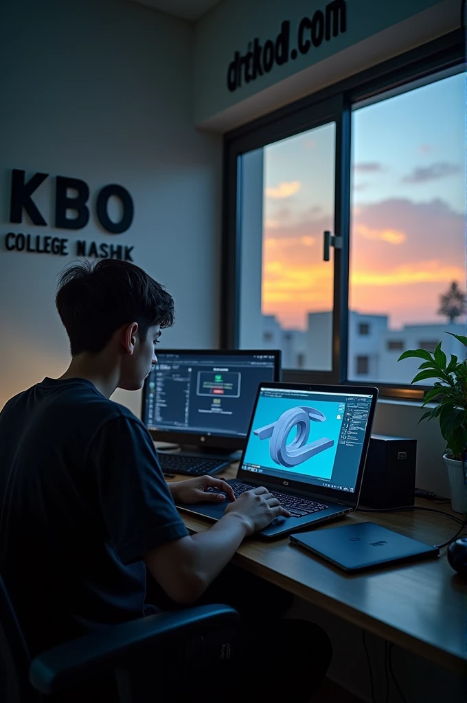 There is a boy who is sitting in front of the laptop, he has a complete laptop cha set-up in the room, the software called creo is running on his laptop and the name KBT COLLEGE NASHIK is written on wall and there is a big building ahet and sunset going on outside