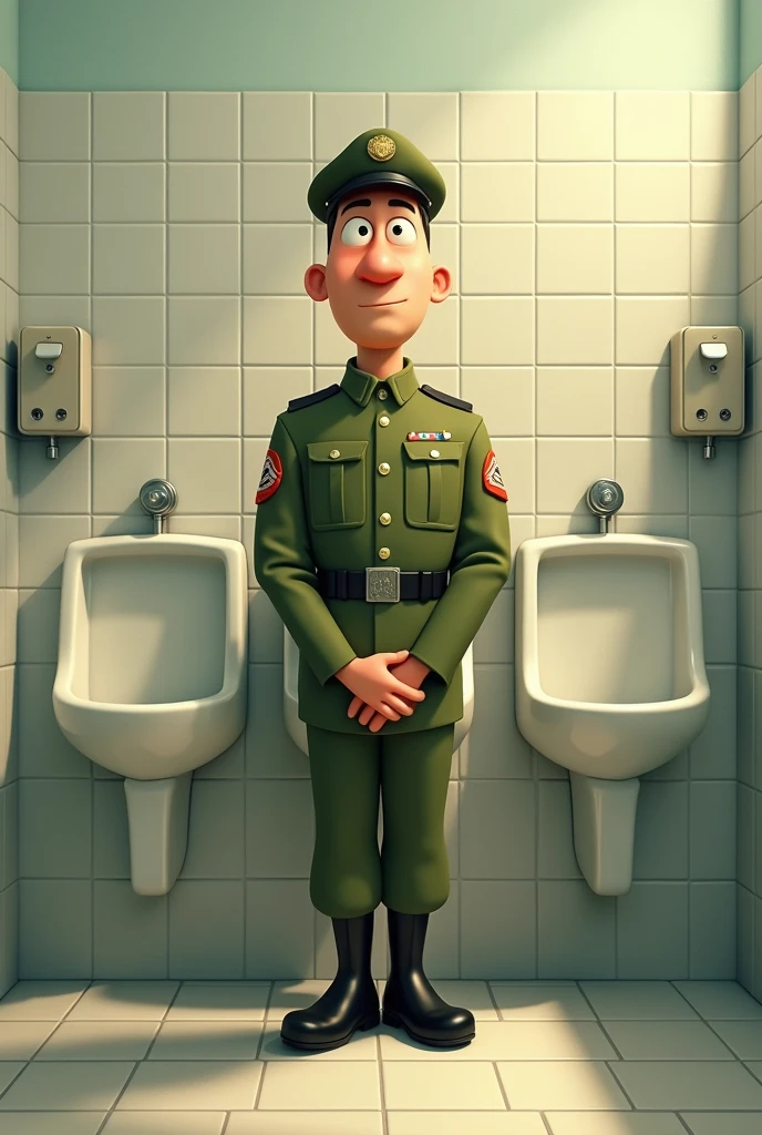 The soldier was urinating standing in the bowl of the wall urinal. Disney pixar theme. View from behind