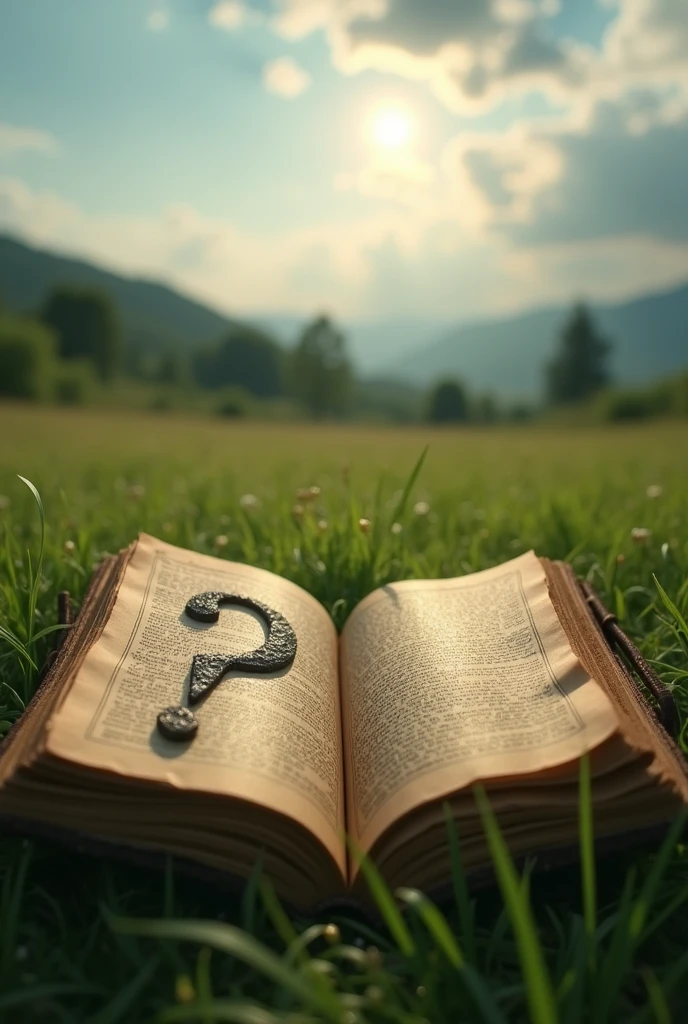 A photo for your tiktok profile, I want in the photo an open almanac with a magic question mark between the pages , The photo must be in a field of view that allows you to see the pages of the book and a nice background.