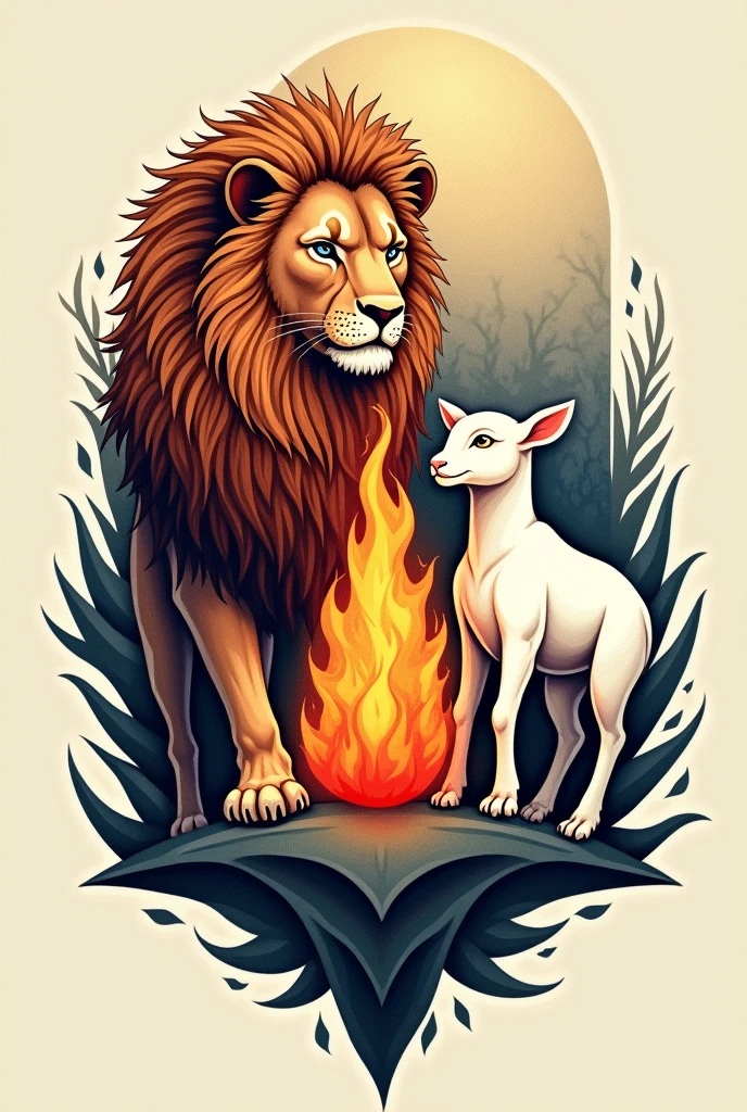Tattoo of a lion and a lamb and a flame in the middle