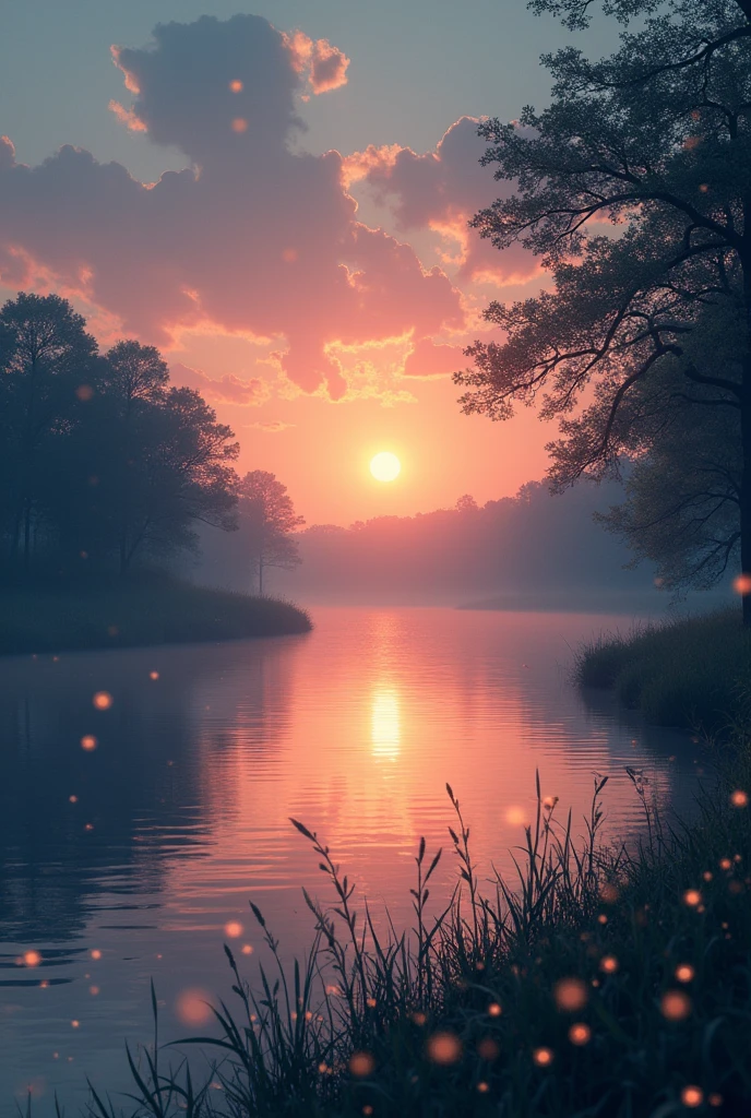 Prompt:

A serene, slow-motion scene featuring a quiet riverside at dusk. The soft, orange glow of the setting sun reflects on the calm water, casting a warm and peaceful ambiance. Gentle ripples on the river move in sync with the slowed and reverbed tones of the music. In the foreground, silhouettes of trees gently sway in a light breeze, with fireflies subtly glowing around them, adding a touch of magic. The overall color palette is soft pastels with muted tones, creating a nostalgic and tranquil atmosphere that perfectly complements the slowed, reverberated lofi version of the song. Aspect ratio 16:9.