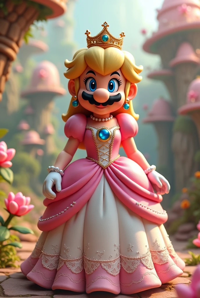Créer moi une images de super mario qui porte une robe de princesse peach mait enlevé sa moustache
