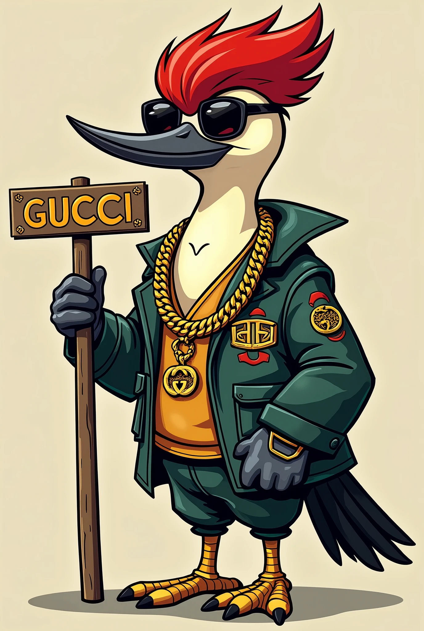 Draw the cartoon woodpecker with a gold chain around his neck dressed in Gucci with a Gucci sign in his hand