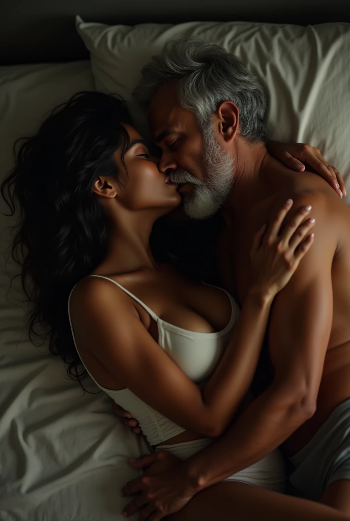 Beautiful Young Woman with dark complexion with large Breasts, Lying on bed and having SEX with a old man, Dim light in the room.