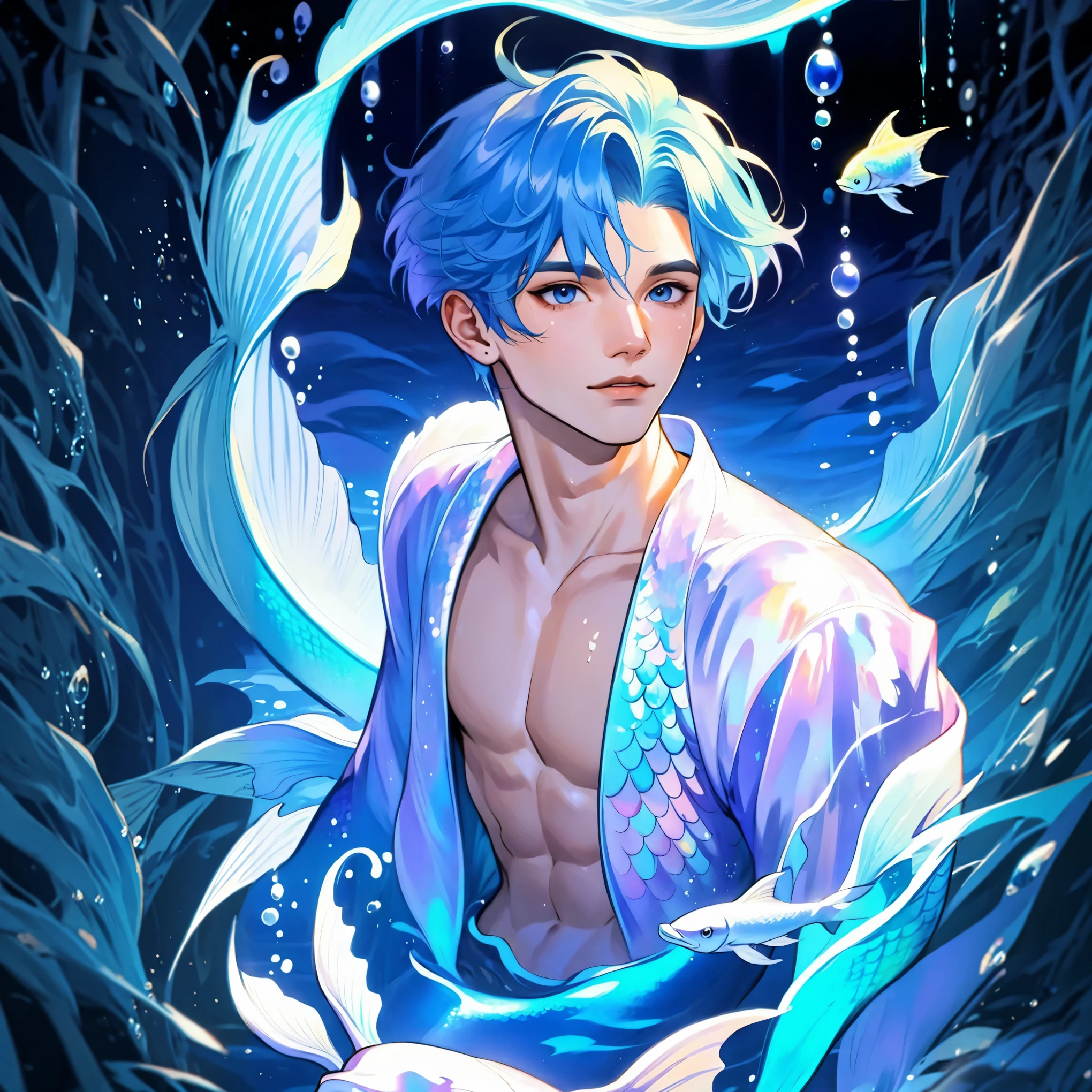 ((jewel_light element)), ( luminous man wearing a  blue toxedo groomsmen attire), (man made of lightblue light: 1.2,  wavy blue hairstyle with delicate features and light:1.3), (minimalism: 0.5), (Frontal close-up angle above the waist: 1.3), 4K, HDR, acid graphics, fantasy work, [Detailed and vivid faces: 0.33], (white translucent glowing  blue hair: 1.3),,Silhouette outline and glowing in toxedo handsome man, Understated elegance .. A calm and dignified atmosphere provides a subtle sense of luxury... gray smooth texture, stylish pose, fluorescent, glowing tattoo, bioluminescent tattoo, glowing pattern. A man Wearing blue toxedo 