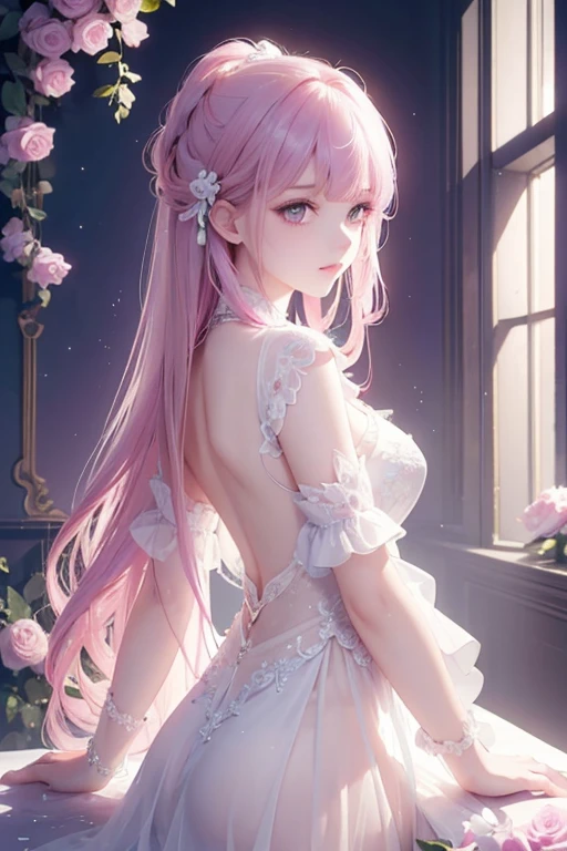 (masterpiece:1.2), Best Quality, (illustration:1.2), (ultra detailed), hyper details, (delicate detailed), (intricate details), (cinematic light, Best Quality Backlights), Delete line, soloist, perfect body, (1 girl), stylized artwork, purple and pink theme, girl, Purple long hair, white empty eyes, pink top, pink roses, see through skeleton overlay, foliage, leaves, Watercolor splash (make up), high contrast, (better lighting, an extremely created and beautiful), (cinematic light), showy,