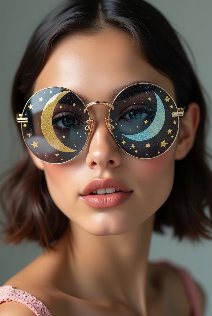 The model is wearing glass sunglasses with stars and the moon on the glass