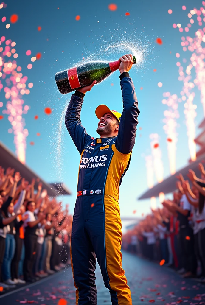 A Formula 1 driver stands victorious on the podium, drenched in champagne, with a trophy held high above their head. The scene is electric as colorful confetti rains down, and fireworks explode in the sky above. The driver’s face beams with pure elation, surrounded by their jubilant team, who are clapping and cheering. The air is filled with the sound of celebration, the roar of the crowd, and the sparkle of lights reflecting off the champagne and the trophy, capturing the ultimate moment of triumph and joy. 8k hiperrealistic (blue and yellow colors)