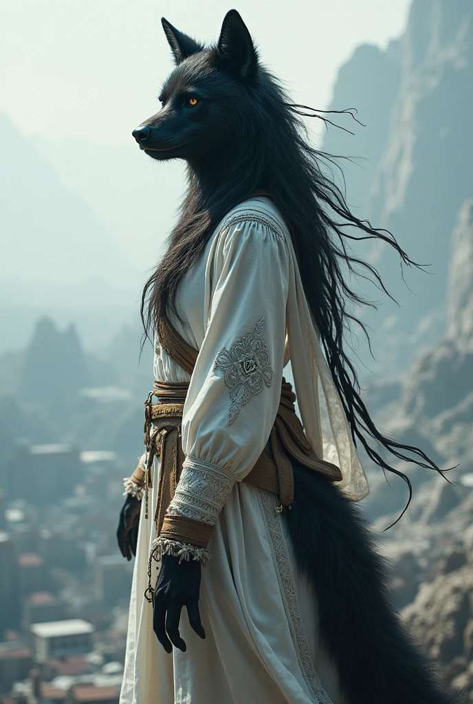 Black fur female werewolf, wearing a white native knee-length dress, tied hair, horse hair, rebellious layered hair, she is on top of the building, looking at the movement .
