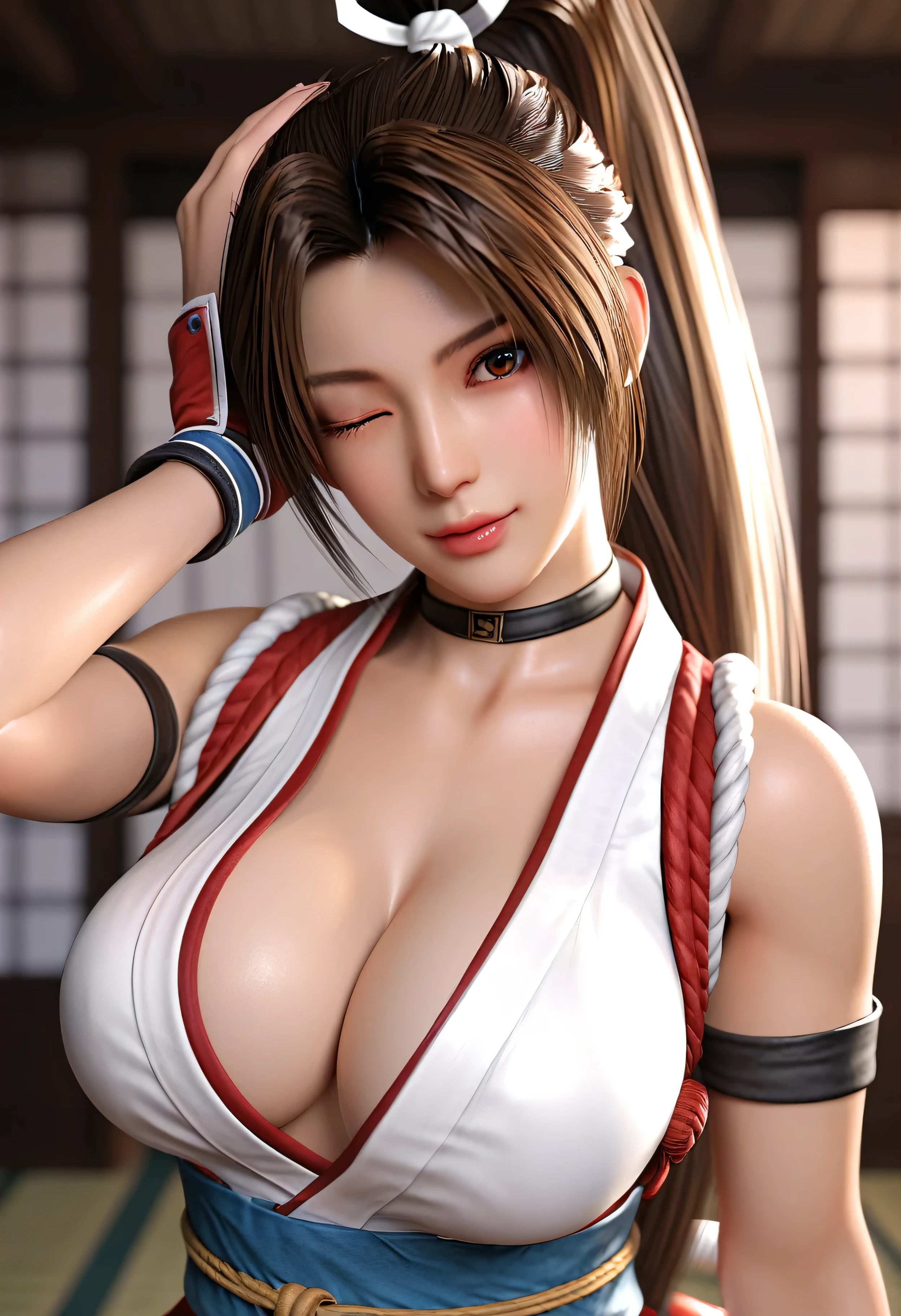 score_9, score_8_up, score_7_up, Girl's profile picture, realistic skin texture, detailed picture, HD32k, 1girl, solo, long hair, breasts, looking at viewer, large breasts, (extremely soft breasts, breasts apart), brown hair, cleavage, bare shoulders, brown eyes, upper body, ponytail, japanese clothes, sleeveless, choker, blurry, lips, parted bangs, sash, blurry background, high ponytail, rope, armband, BREAK
(face focus:1.2), close-up, standing, head tilt,
BREAK
(one eye closed), closed mouth, tongue out, one clenched hand on own head, ninja, shiranui mai,Painstaking Attention To Details