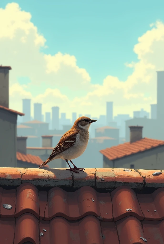 Sparrow in rooftop searching for water