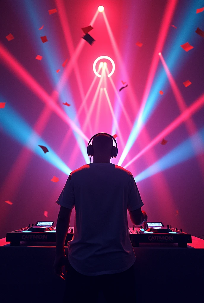 Poster with background of dj and laser lights without Person and spread some small blasted color papers in background
