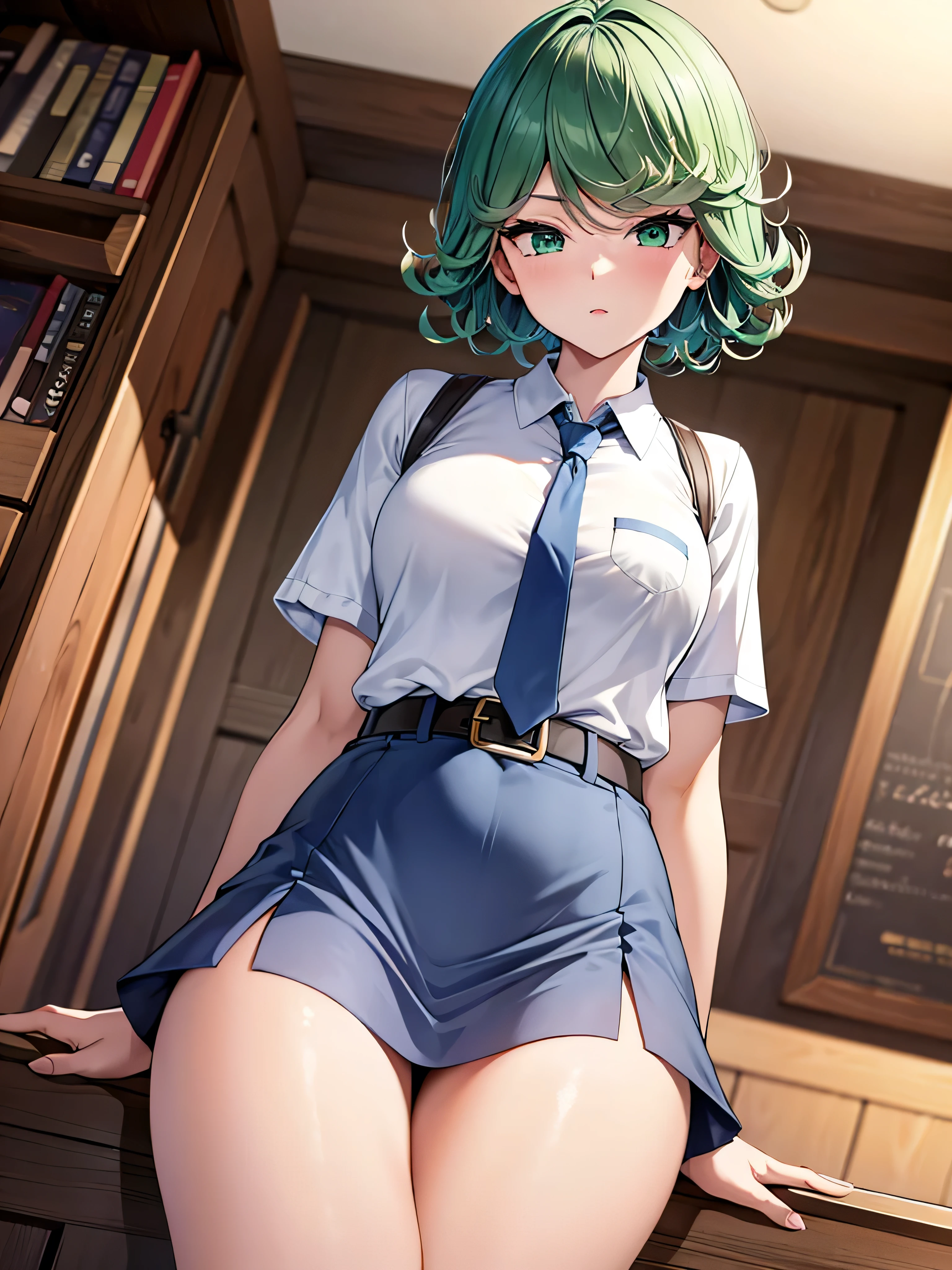 (high res, 8K, masterpiece, looking at viewer, best quality, very aesthetic, ultra detailed, ultra background, ultra Eyes) intricate details, 1girl, Tatsumaki, short sleeved white shirt, Light Blue Gray short skirt, Pockets on the left chest, Blue Gray tie, Wearing a belt, Holding a book, green short hair, green eyes, Normal Face, Background Library, School, Cinematic Angle